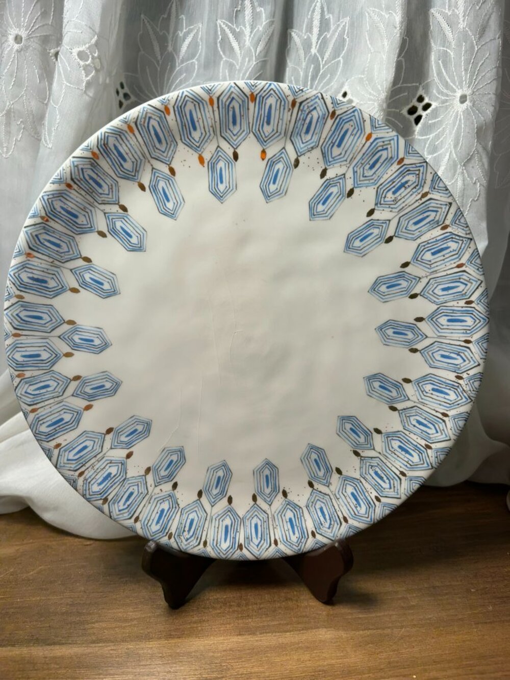 Discontinued Anthropologie Blue Geometric Dinner Plate | Boho Artisan Stoneware